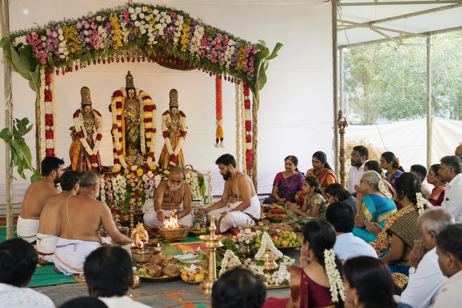 Families attend Srinivasa Kalyanam as priests conduct the wedding rite before the festival icons of Venkateswara, Sridevi, and Bhudevi in a temporary pavilion.