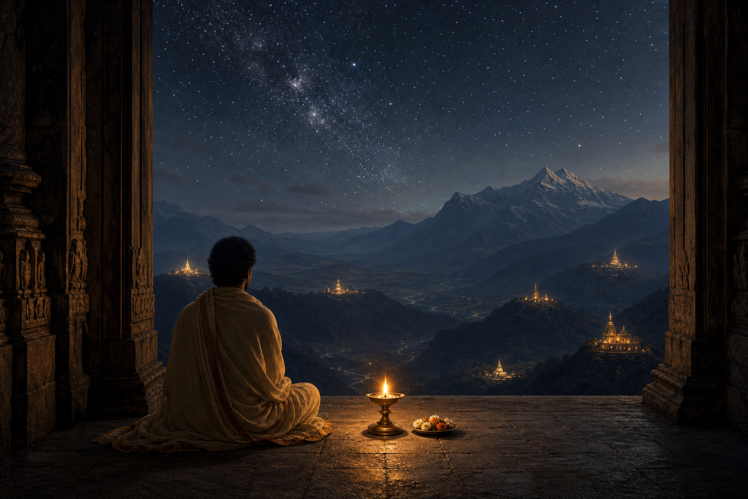 A devotee sits beside a brass oil lamp in a stone sanctuary overlooking a mountain valley, distant illuminated shrines, and a vast starry sky.