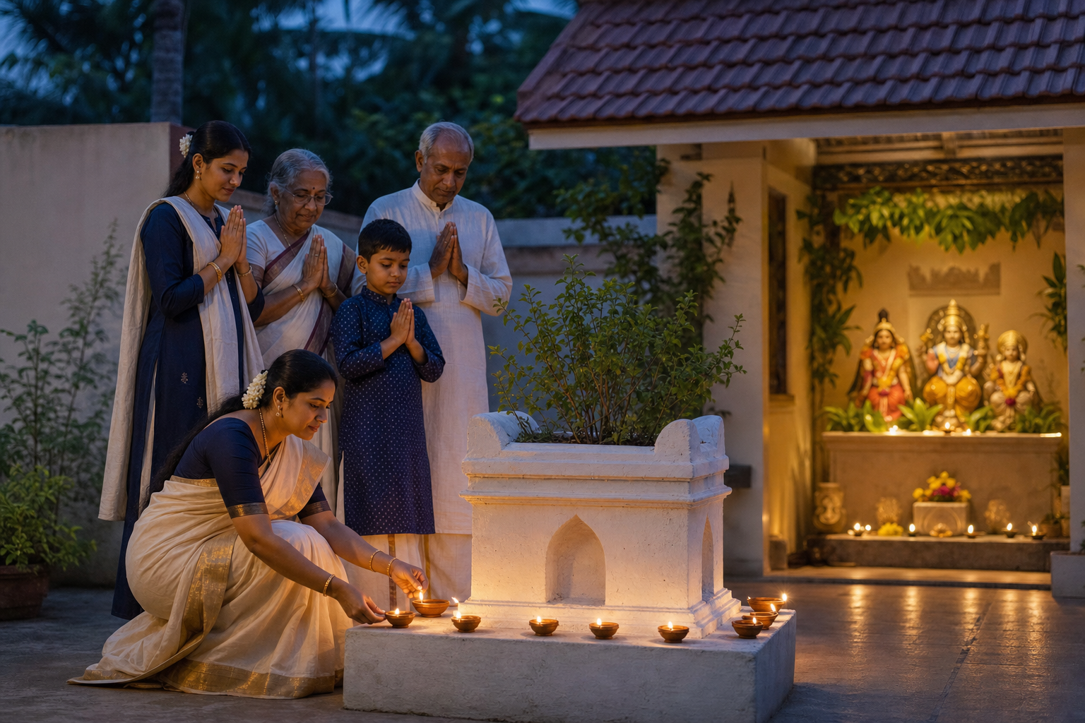 A family lights clay oil lamps around a Tulsi planter in a home courtyard while a small Vishnu and Lakshmi altar glows in the background.