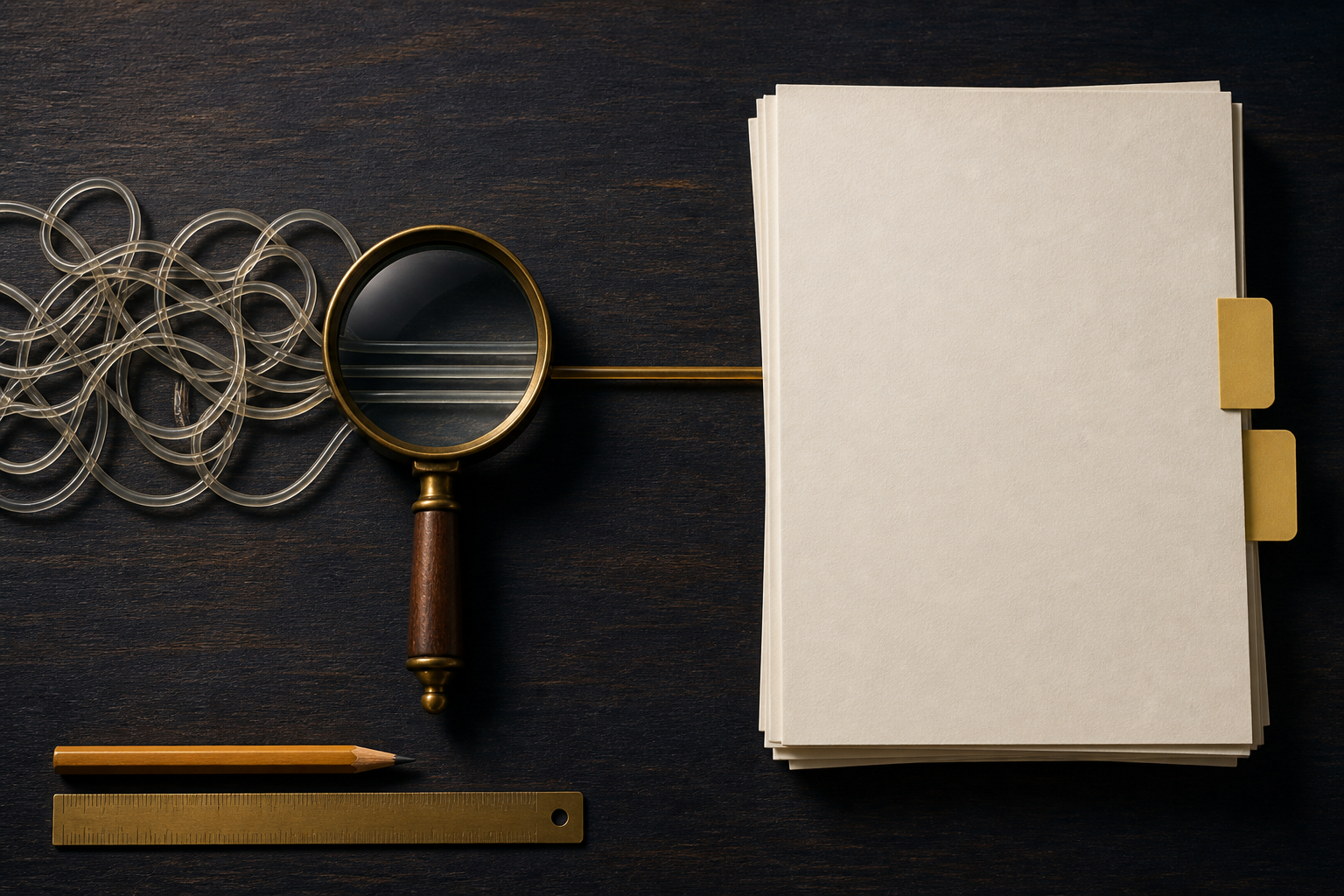 A tangled cord becomes a straight golden line beside blank policy pages, a magnifying glass, a pencil, and a ruler.