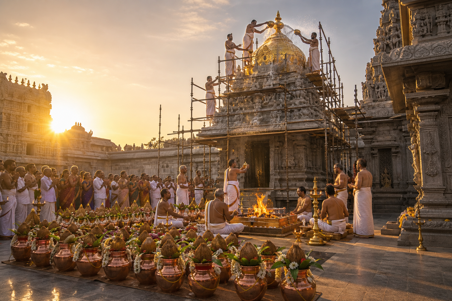 Priests pour sanctified water over a Venkateswara temple tower while ceremonial vessels and a consecration fire altar stand in the courtyard.
