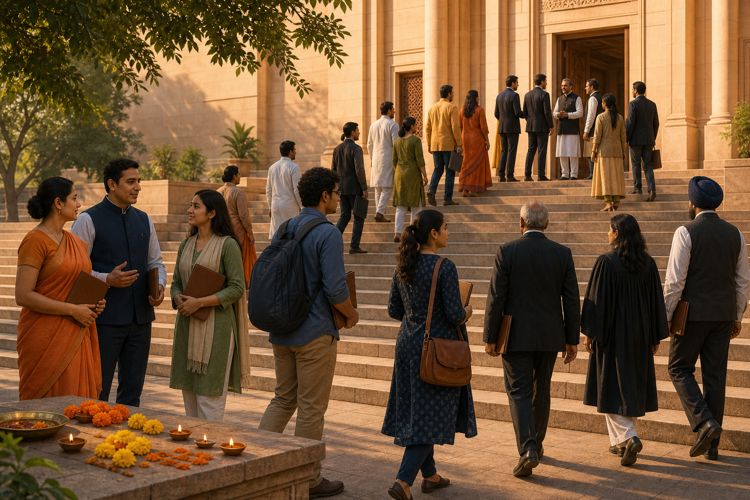 A diverse coalition of community members, students, scholars, and lawyers moves up broad steps toward a civic institution.