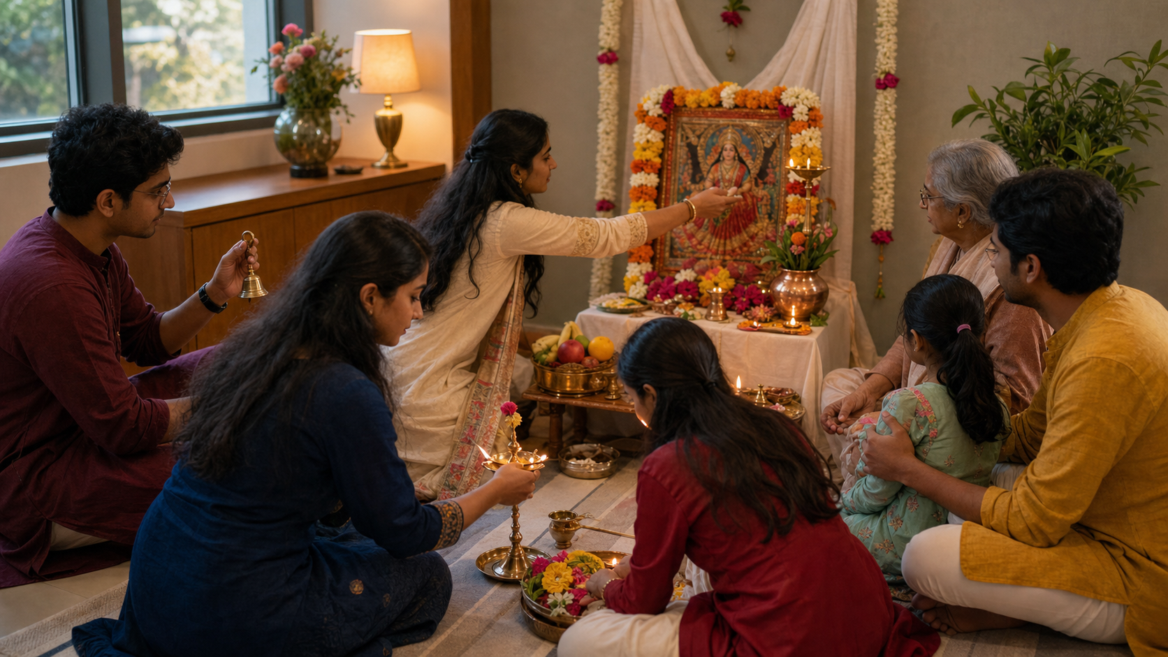 Young organizers share responsibility for a Navaratri puja while an older community member observes supportively in a campus room.