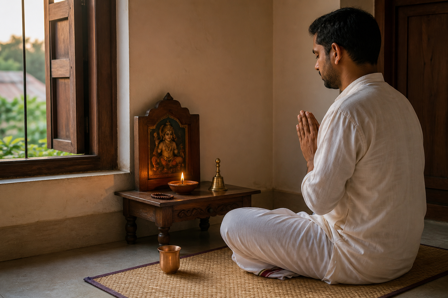 A householder sits before a small home altar with a lit clay lamp, prayer beads, a bell, and a copper water cup at dawn.