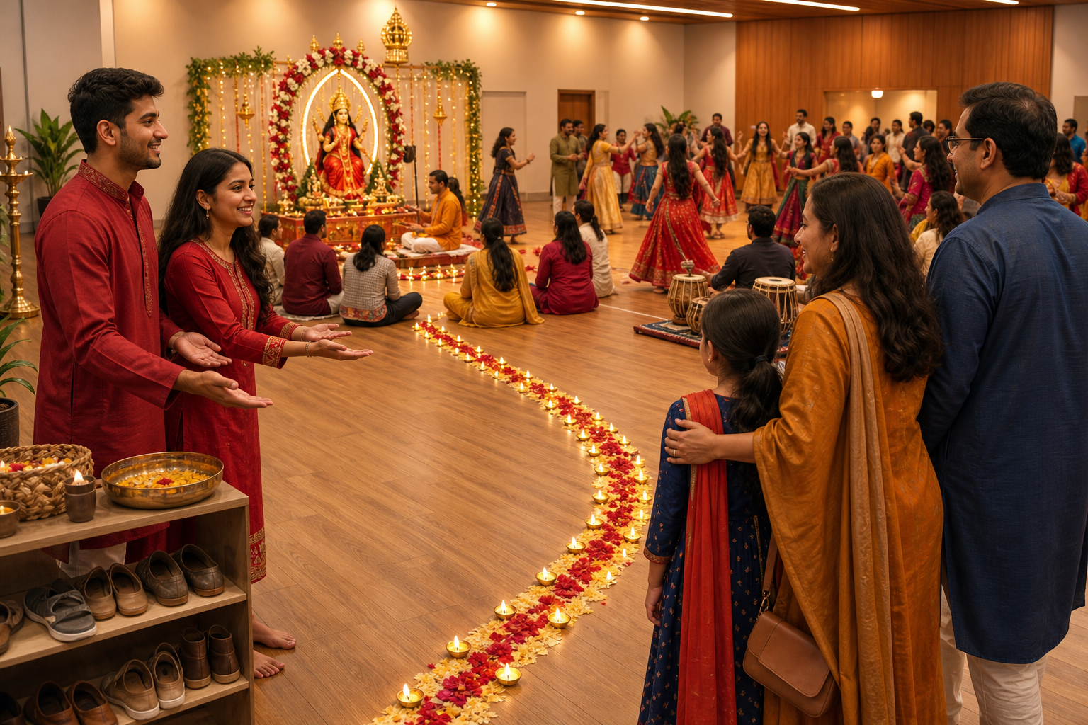 Volunteers welcome newcomers along a lamp-lit path that leads to a Devi altar, musicians, and a multigenerational Garba circle in one community hall.