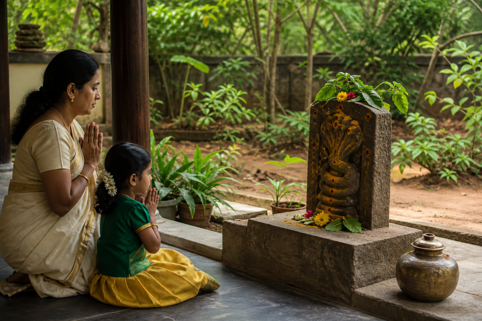 A parent and child pray before a decorated stone Naga Devata relief beside an undisturbed garden, with no living snake being handled or fed.