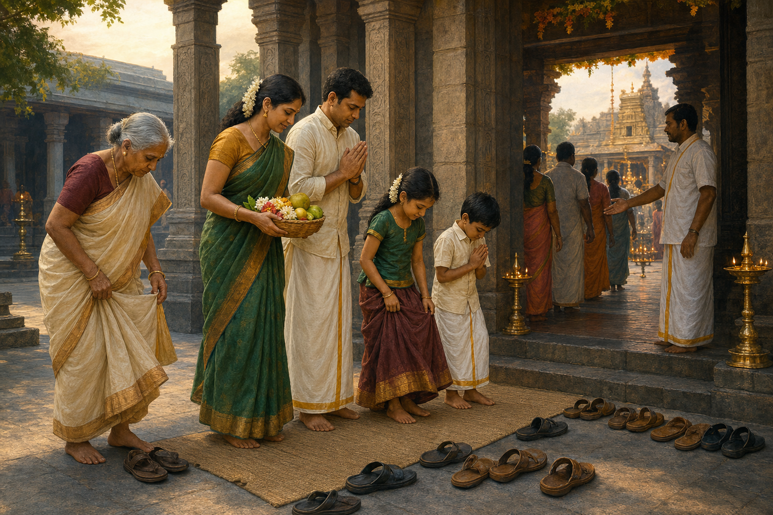 A family removes its footwear and carries flowers and fruit while preparing to enter a Venkateswara temple ceremony respectfully.