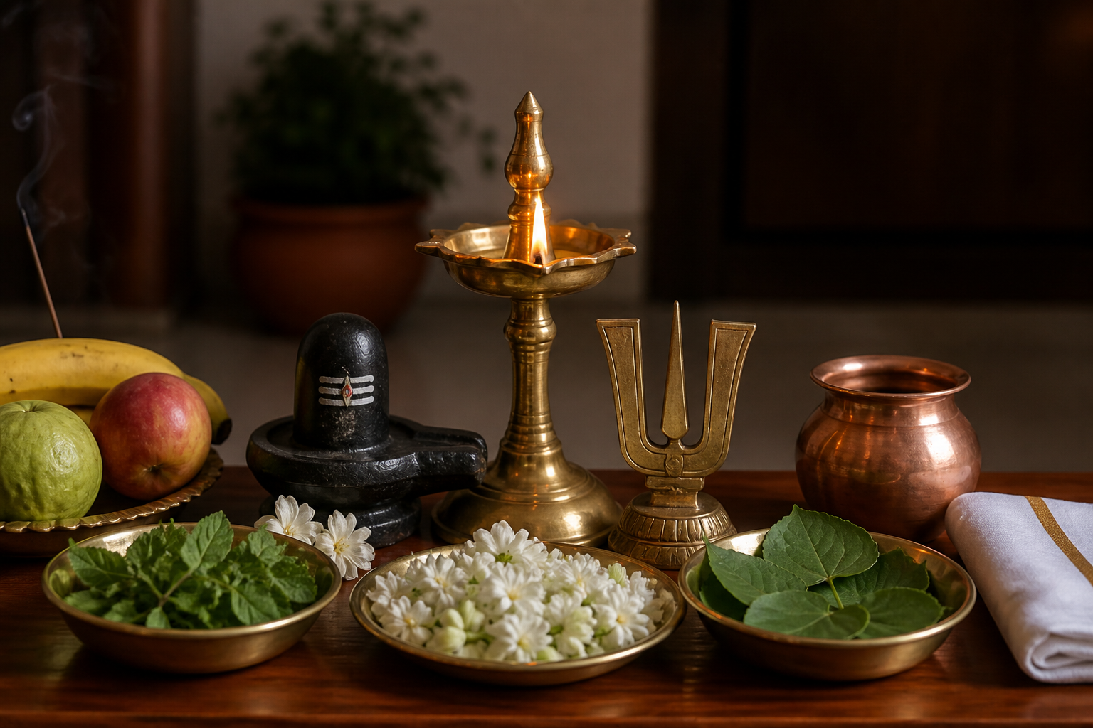 A modest home altar with a lit brass oil lamp, Shiva and Vishnu devotional objects, tulasi and bilva leaves, flowers, fruit, and a copper water vessel.