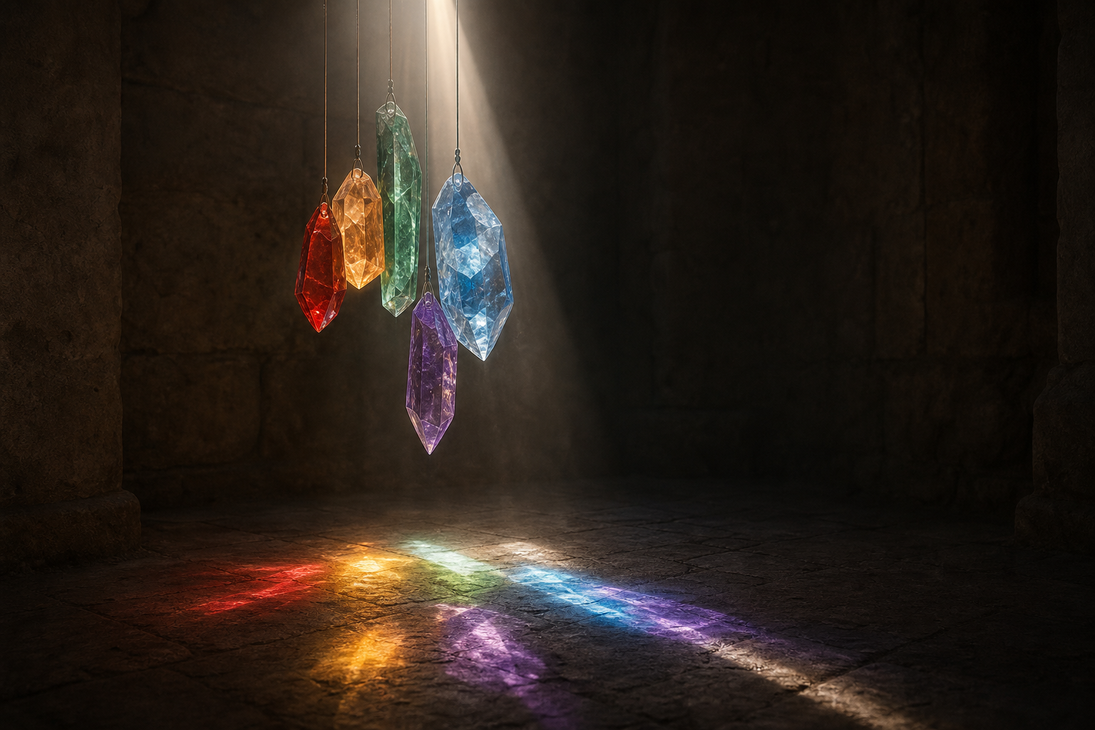 One beam of light passes through several differently shaped crystals, casting distinct colored patterns across a stone floor.