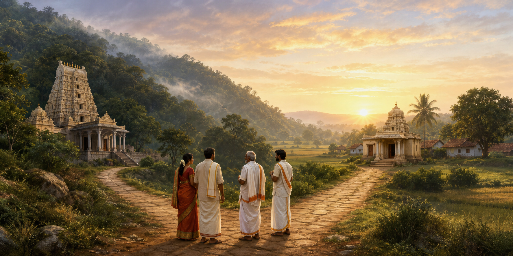 Illustrated Telangana landscape with pilgrims at a fork leading toward a forested hill shrine on one side and a quiet rural shrine on the other.