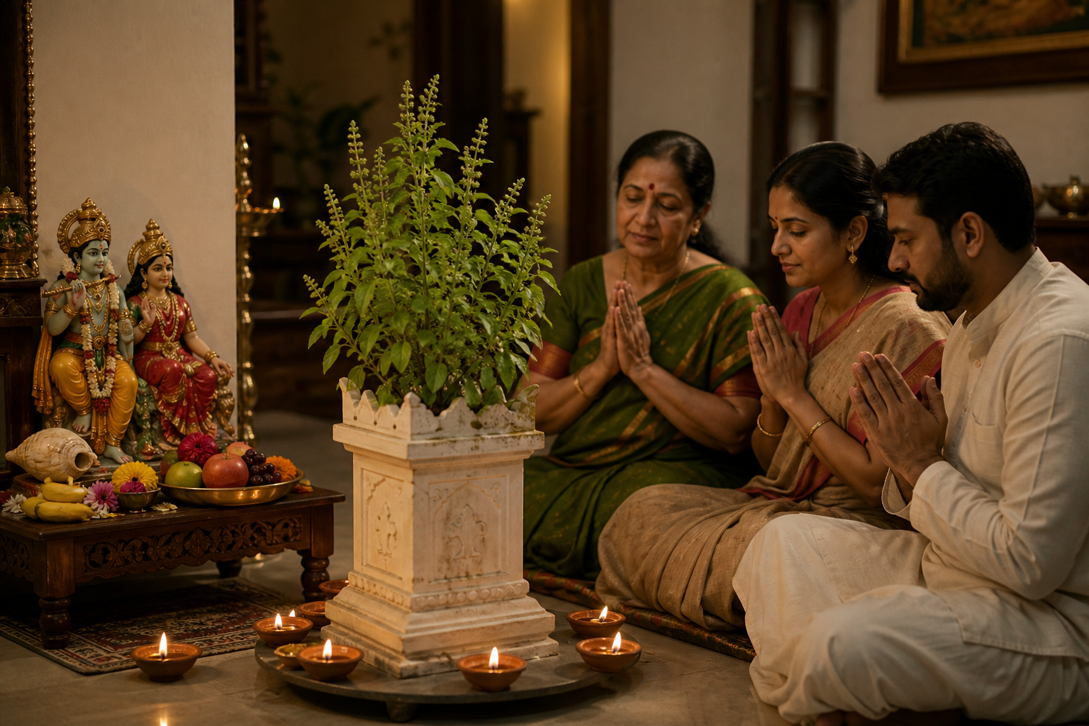 Family members pray beside a lamp-lit Tulsi plant and a small altar with Damodara Vishnu and Lakshmi icons.