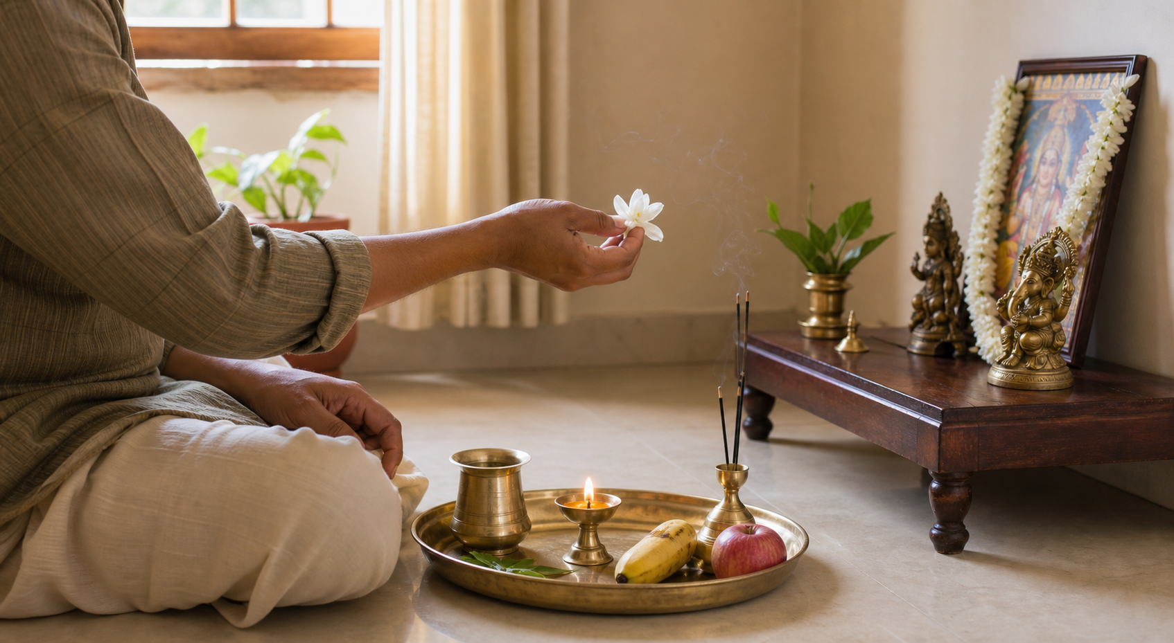 A devotee offers a white flower during a simple home puja beside a lamp, water cup, leaves, fruit, and incense.