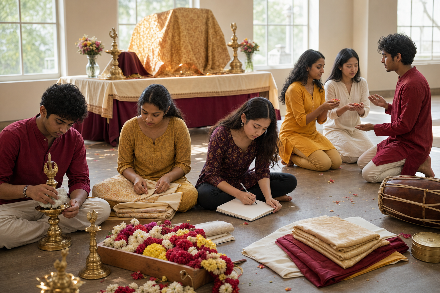 Young organizers clean lamps, fold altar cloths, sort festival materials, and guide newcomers in a quiet room on the morning after Navaratri.