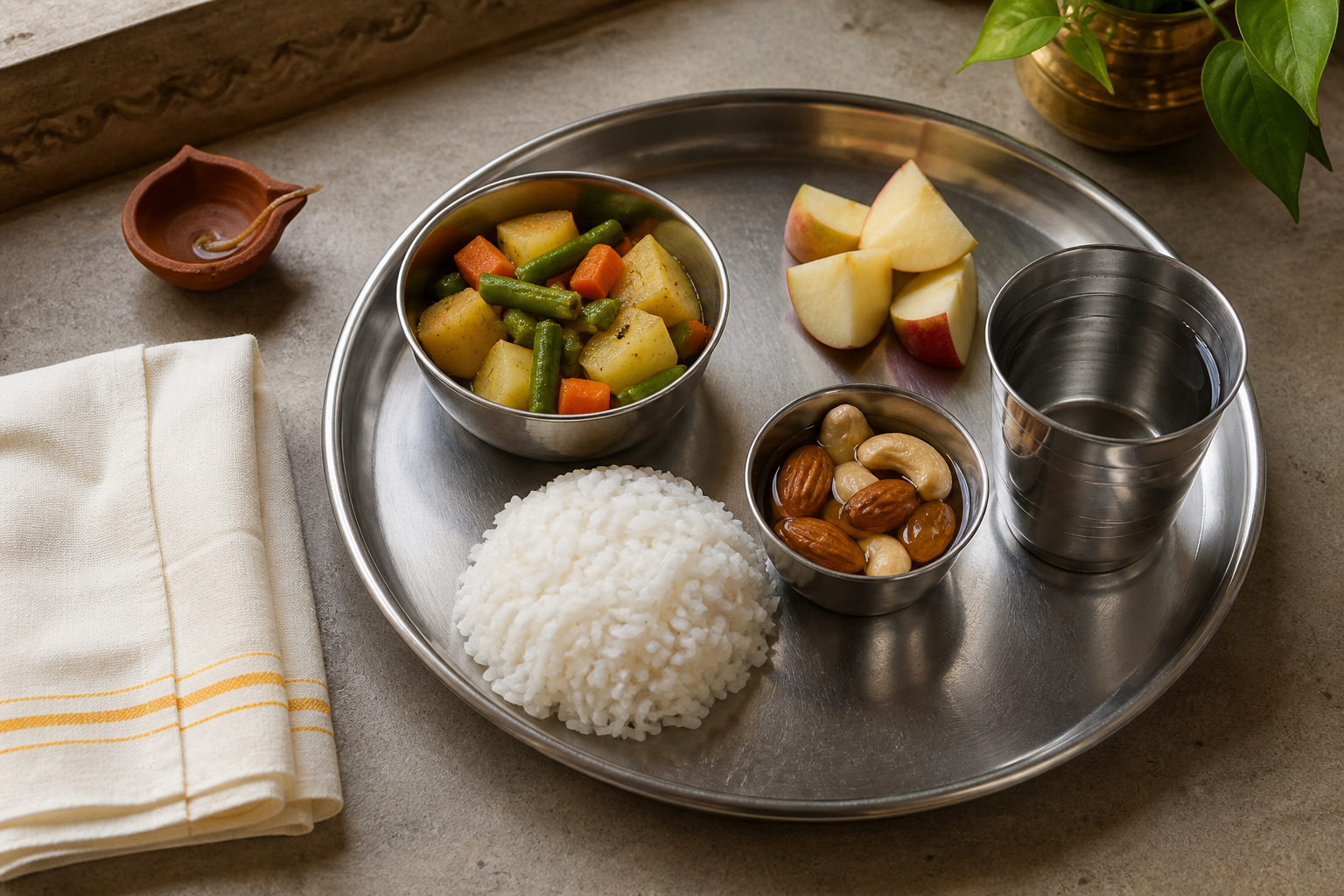 A modest meal of rice, vegetables, fruit, soaked nuts, and water arranged on a metal thali for a restrained fast.