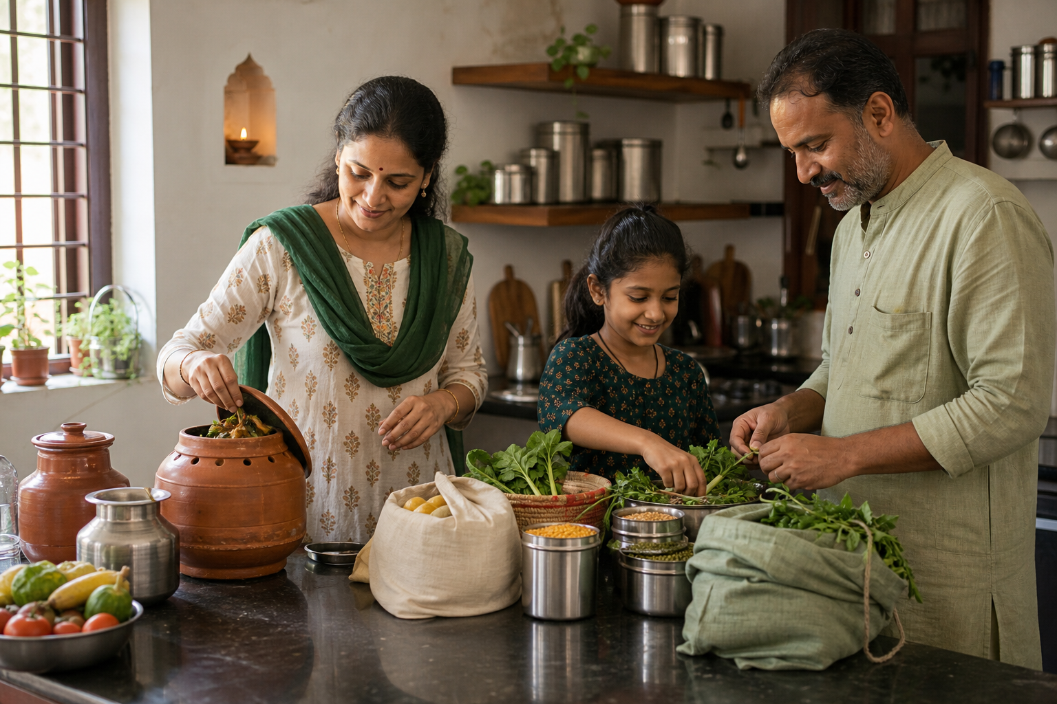 A family organizes vegetables and lentils in reusable containers and collects kitchen scraps for compost in a sunlit home kitchen.