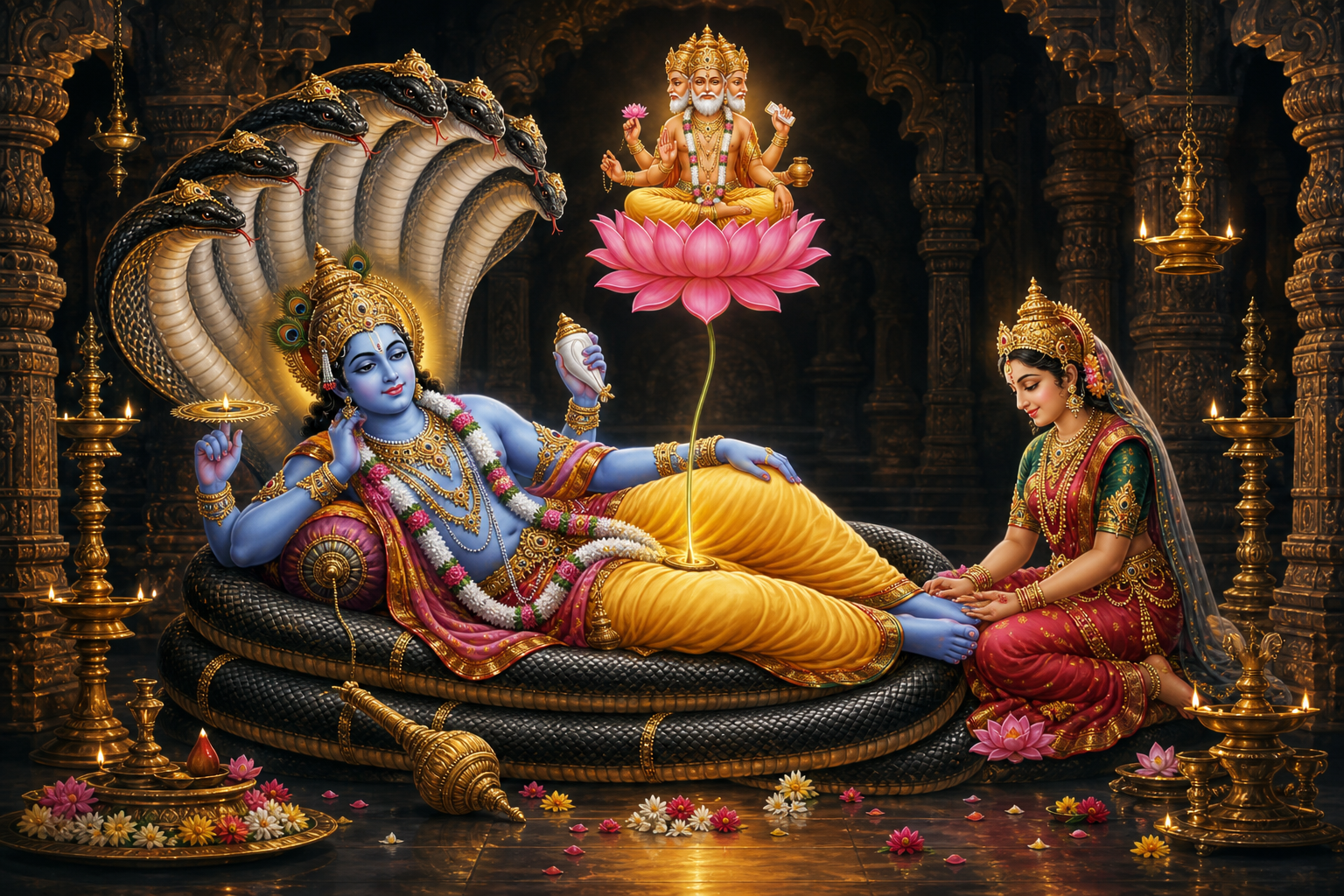 Devotional illustration of Vishnu reclining on the serpent Ananta, with Lakshmi near his feet and Brahma seated on a lotus.
