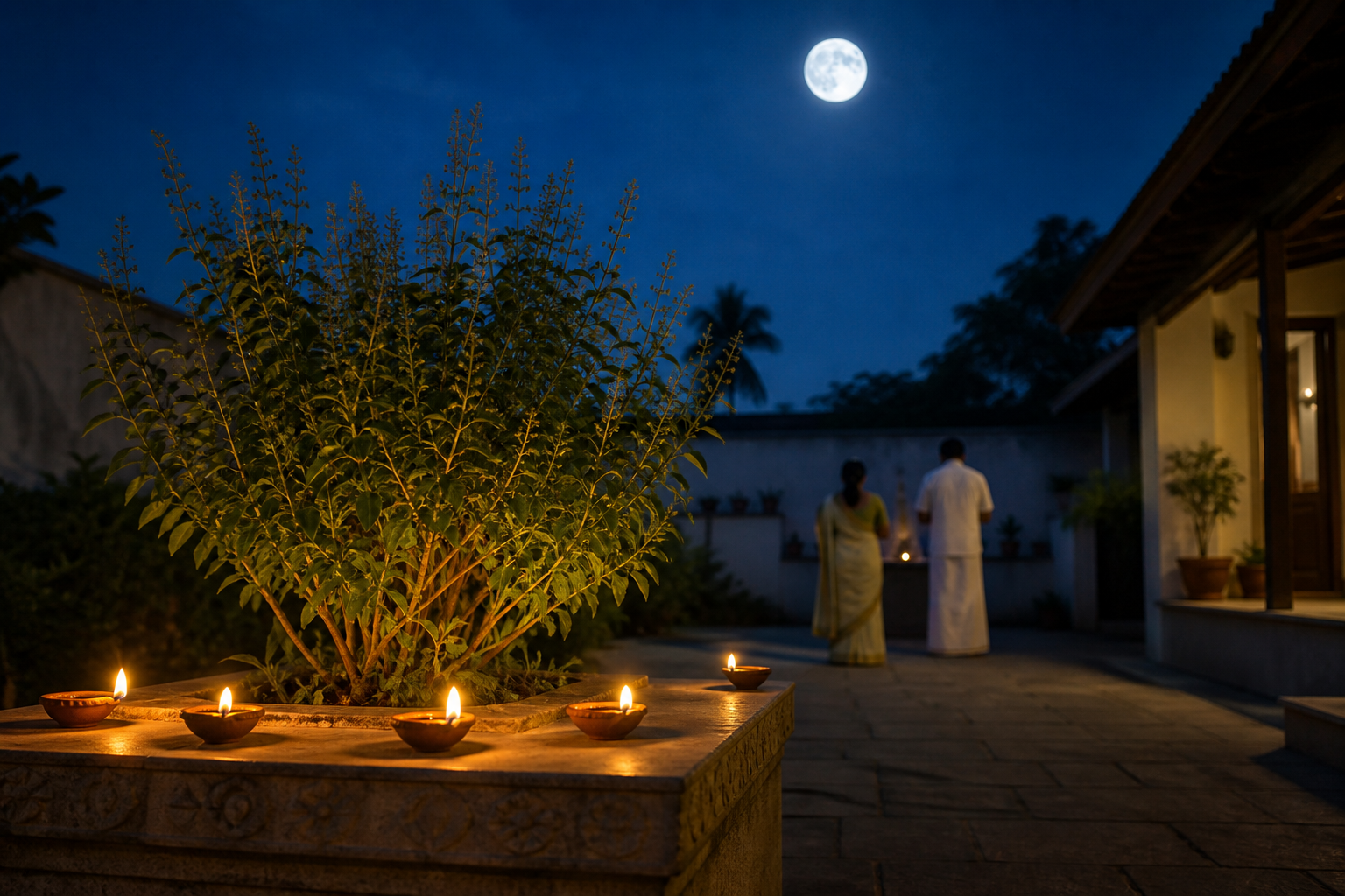 Clay oil lamps glow beside a tulasi plant as two family members pray under a full moon in a home courtyard.