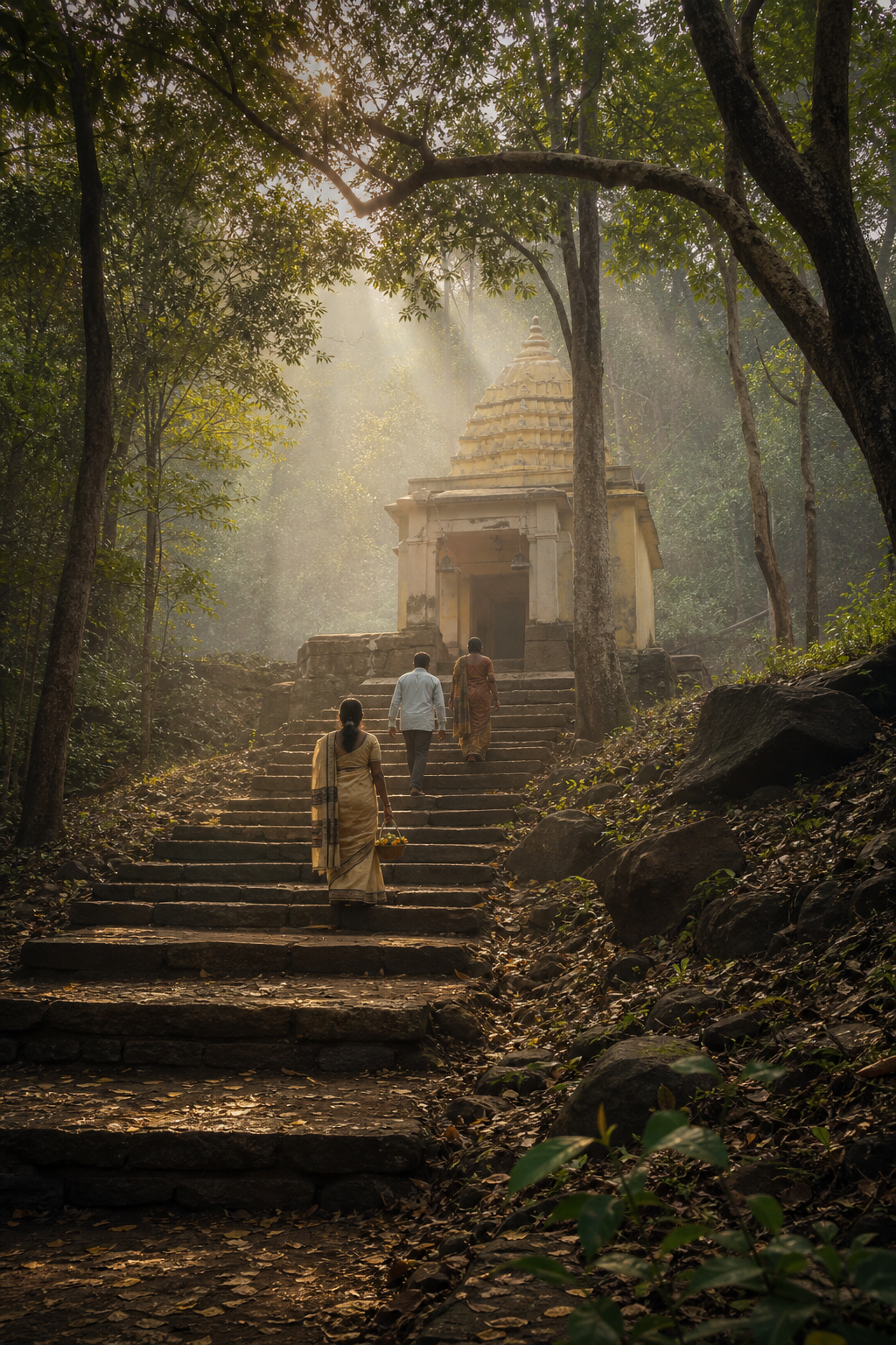 Pilgrims walking through a misty forest toward a hill temple in Ananthagiri, Telangana.