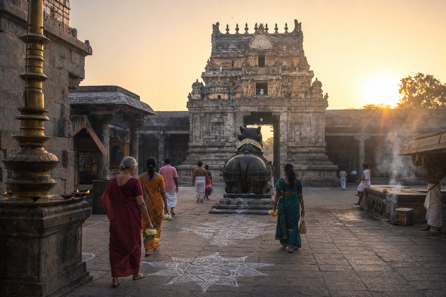 Worshippers cross a dawn-lit courtyard in a South Indian Shiva temple, with a stone Nandi facing the pillared temple interior.