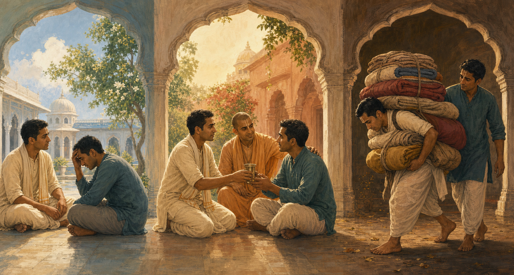 Three courtyard scenes show a devotee listening, offering practical help, and struggling beneath several heavy bundles.