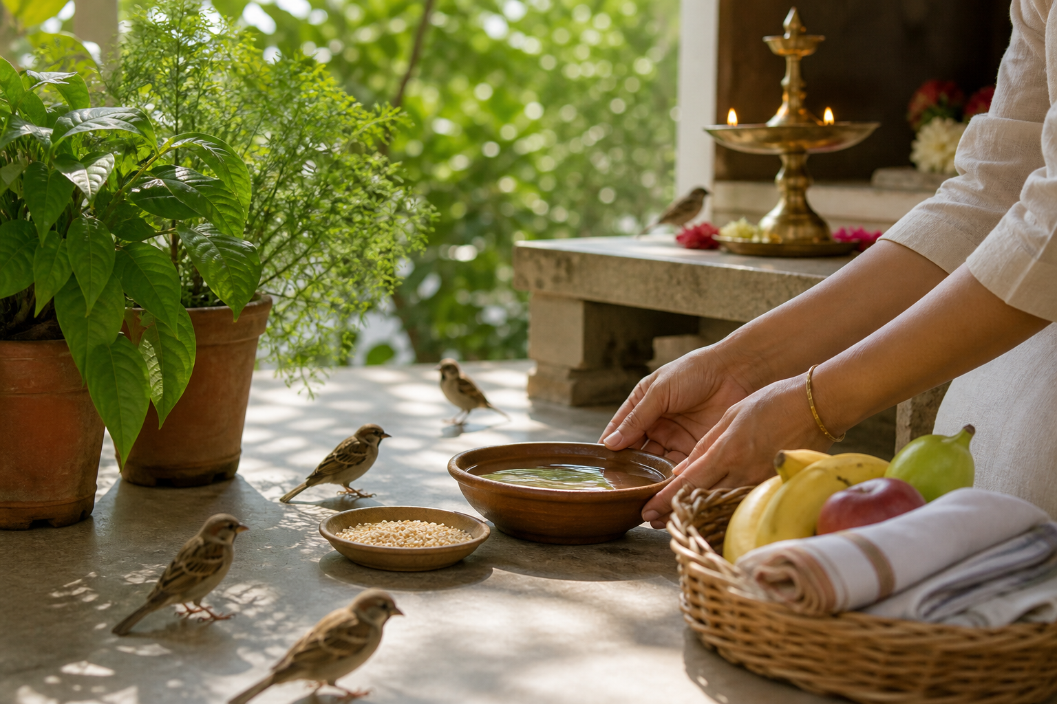 Hands place water and grain for sparrows beside potted plants, with fruit and folded cloth prepared for charity nearby.