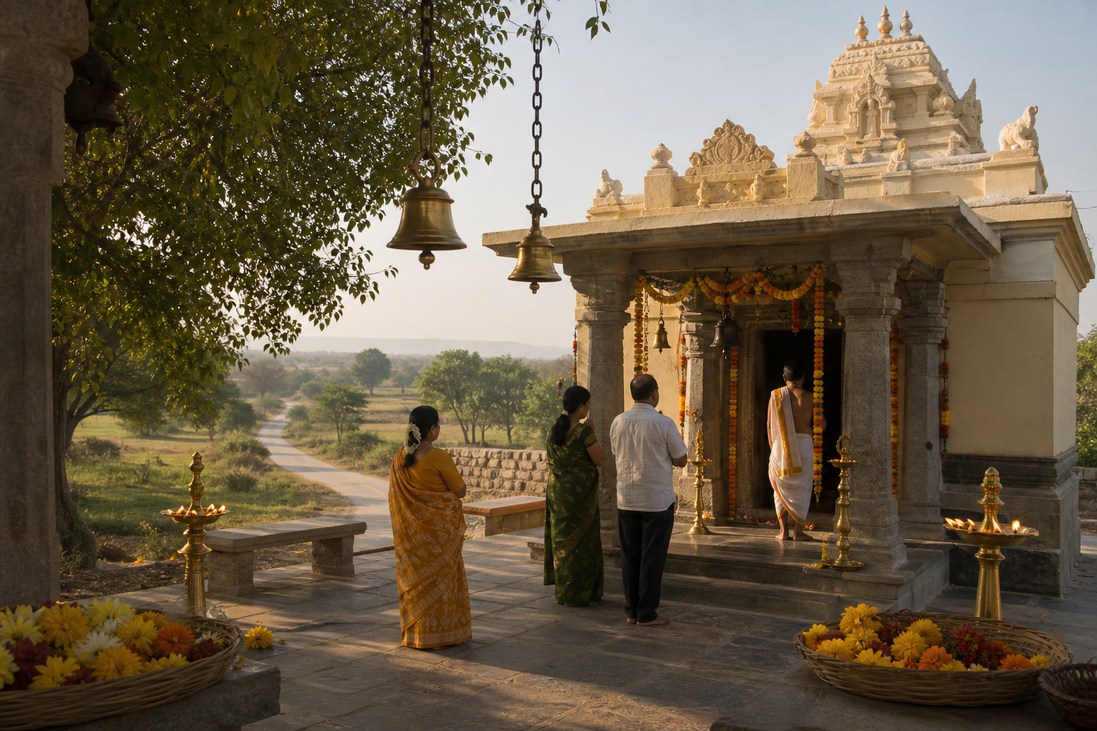 Devotees gathered in the quiet morning courtyard of a small village temple surrounded by the open Telangana countryside.