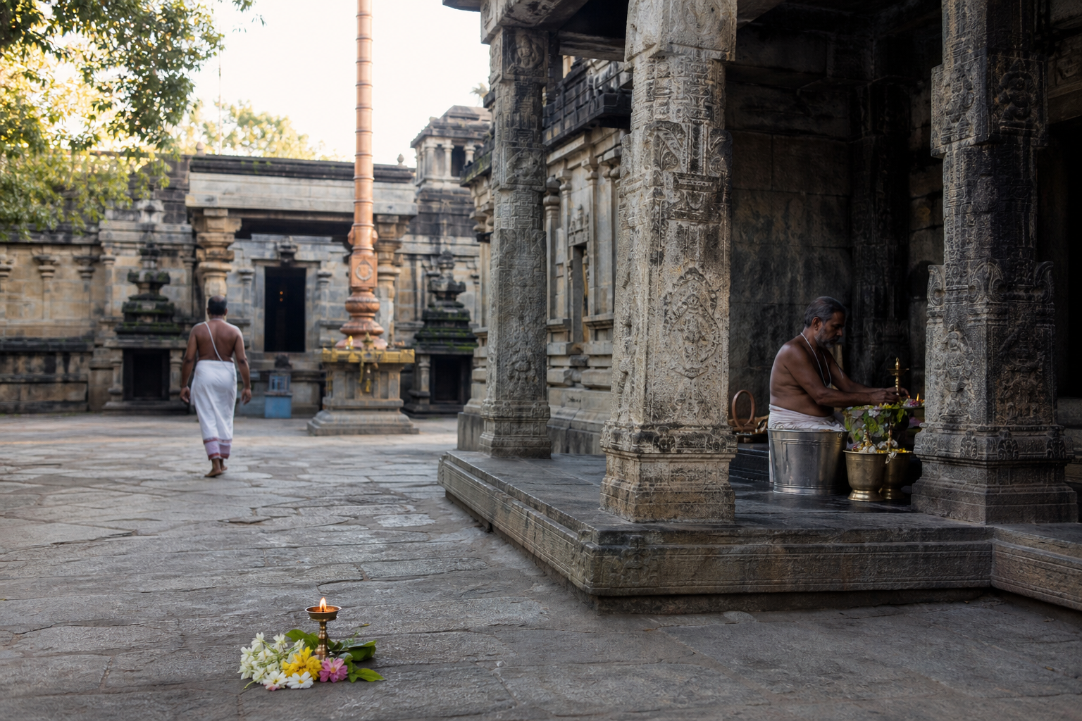 A devotee walks through a layered Shiva temple precinct containing worn paving, oil lamps, carved pillars, a flagstaff, and subsidiary shrines.
