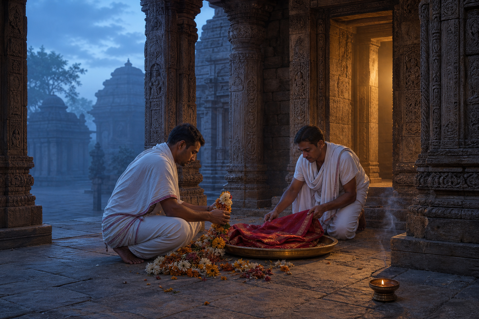 Temple attendants carefully place flower garlands and folded ceremonial cloth on a brass tray inside an Odisha-style stone temple at dawn.