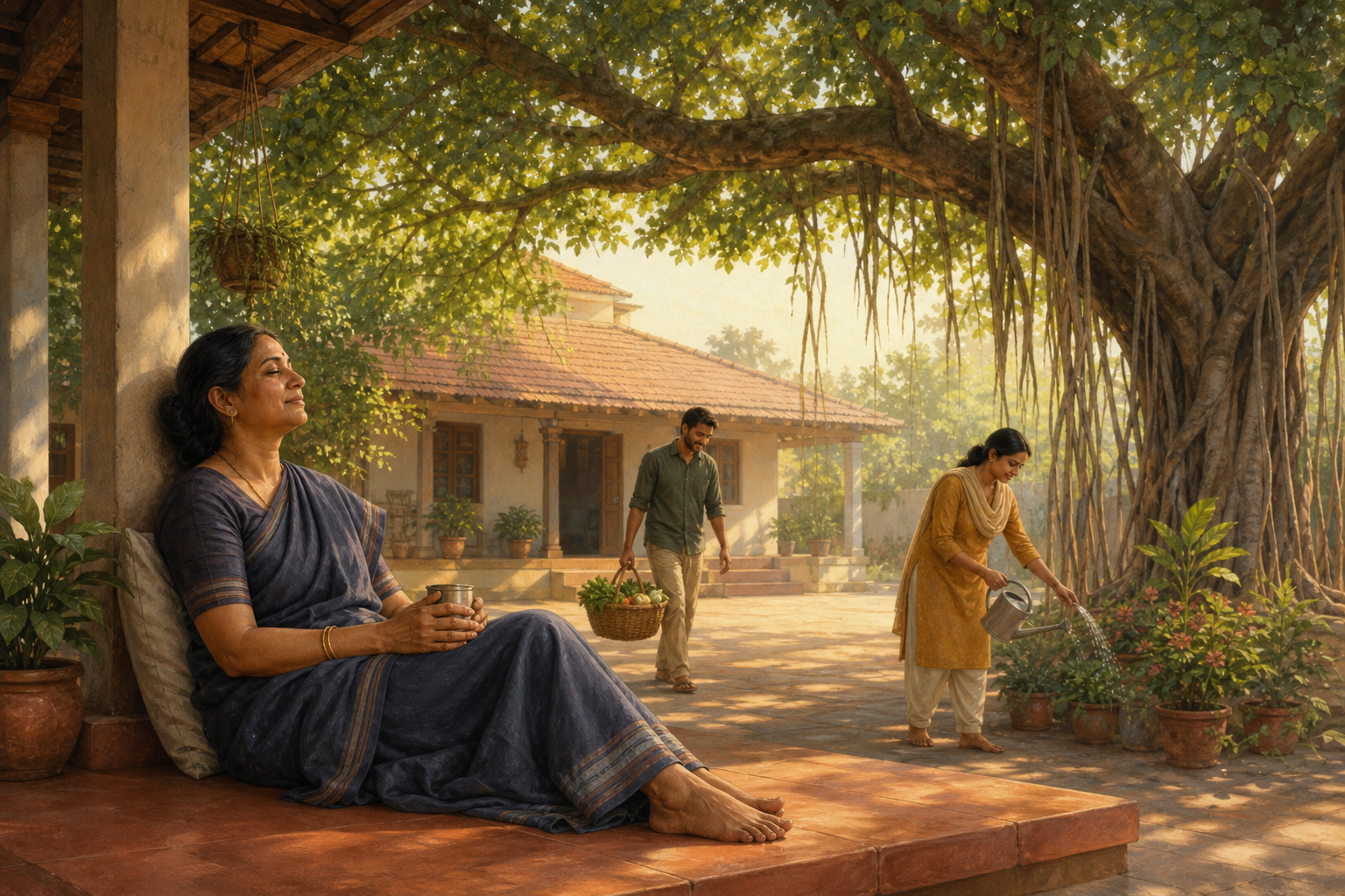 A woman rests on a veranda beneath a banyan tree while two family members carry a basket and water plants in the courtyard.