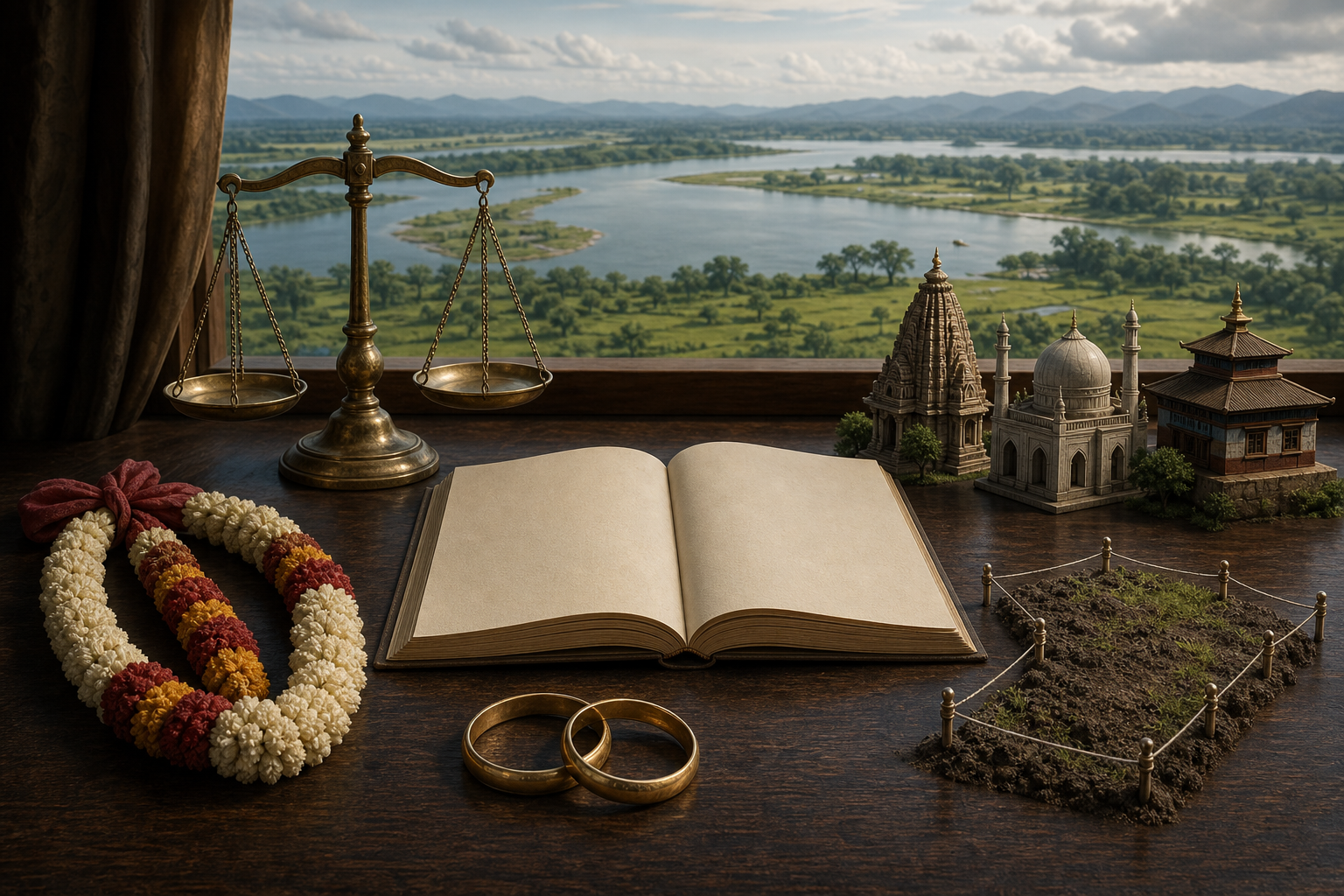An open legal file and balance scale surrounded by wedding garlands, marriage bands, a parcel of land and several religious buildings, with the Brahmaputra landscape behind them.