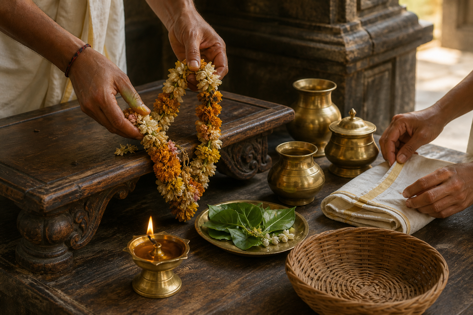 Hands carefully remove a flower garland and fold ceremonial cloth beside brass ritual vessels and an oil lamp.