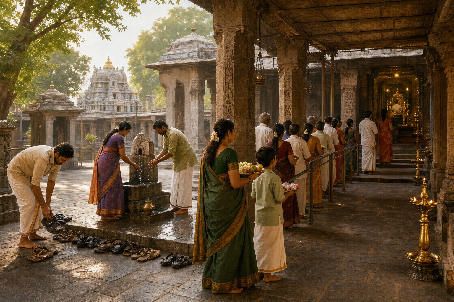 Pilgrims prepare for darshan by leaving footwear outside, washing their hands, carrying flowers, and waiting quietly near a temple sanctum.