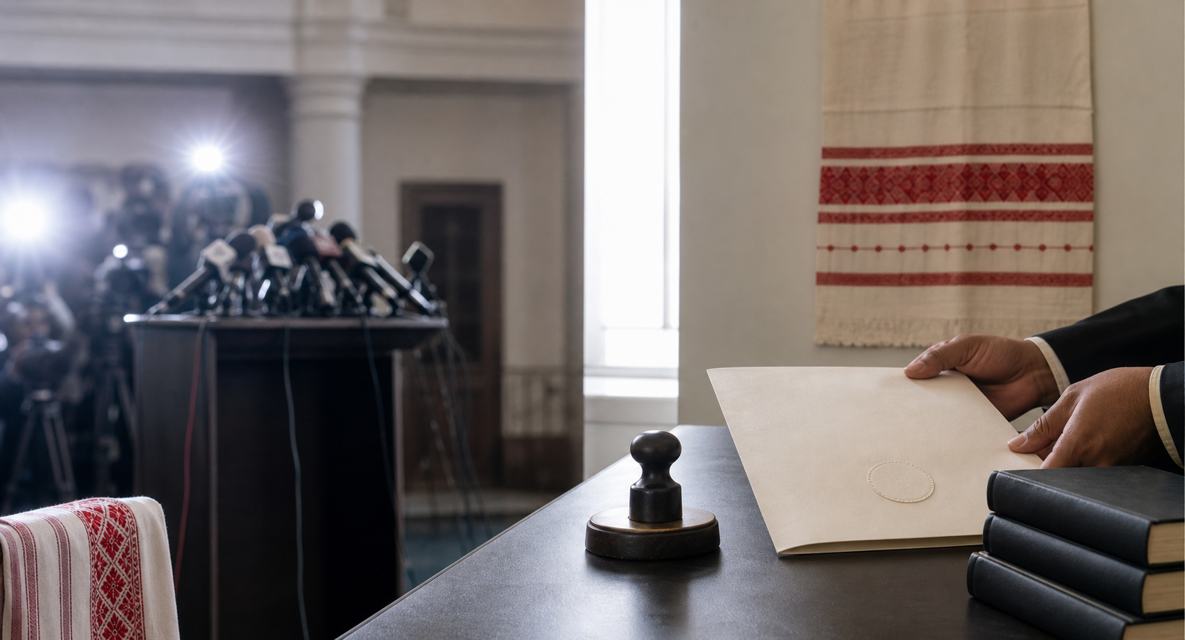 A blurred press lectern with microphones contrasts with a clerk handling a sealed legal document and unmarked law books.