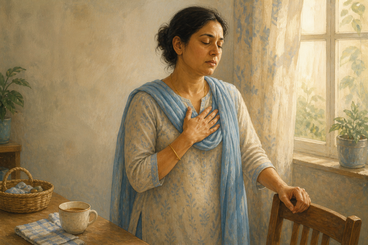 A tired caregiver pauses beside a window with her eyes closed and one hand over her chest while household tasks wait nearby.