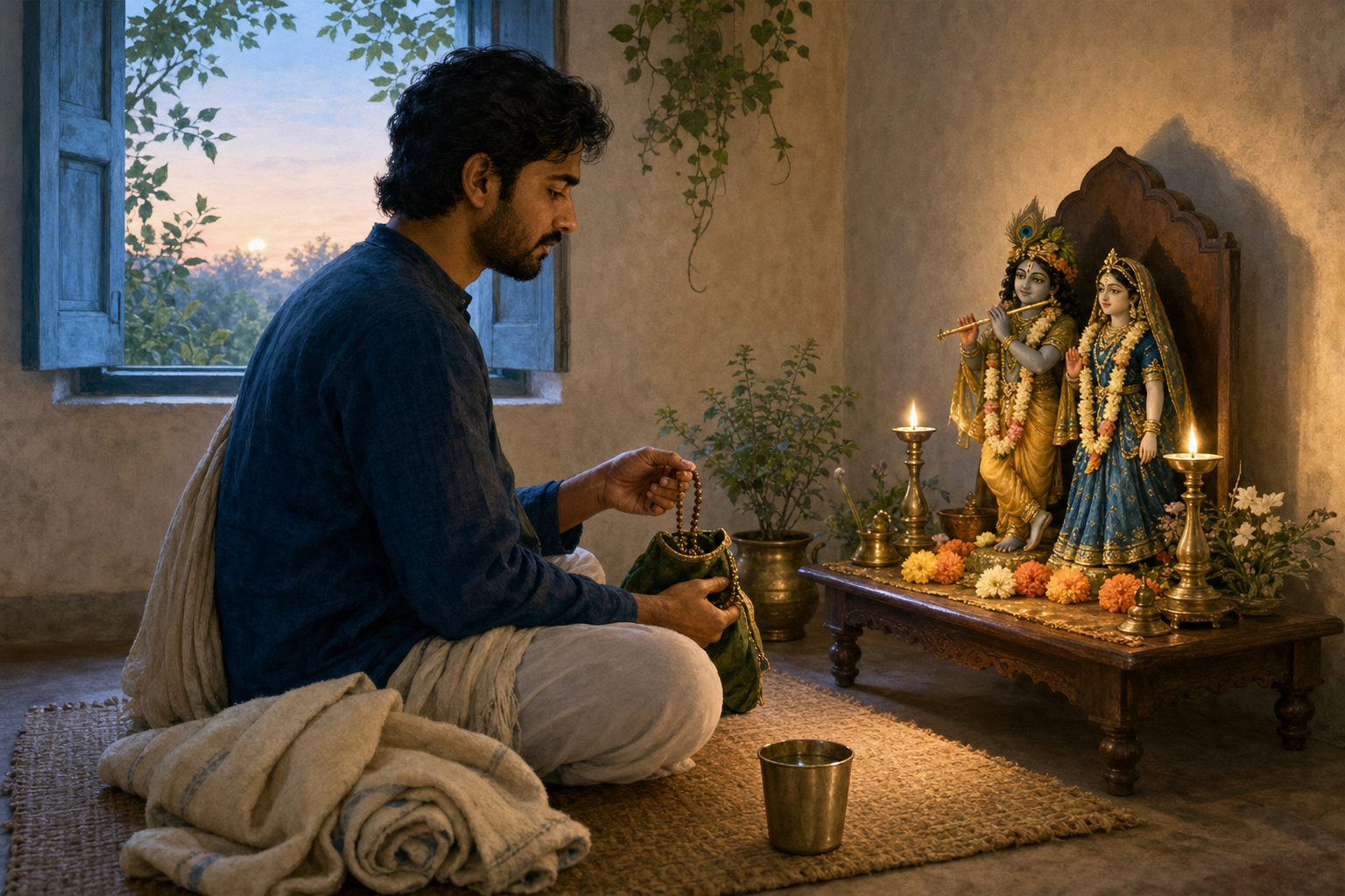 A practitioner sits on a woven mat at dawn, using japa beads before a small flower-decorated Radha-Krishna altar.