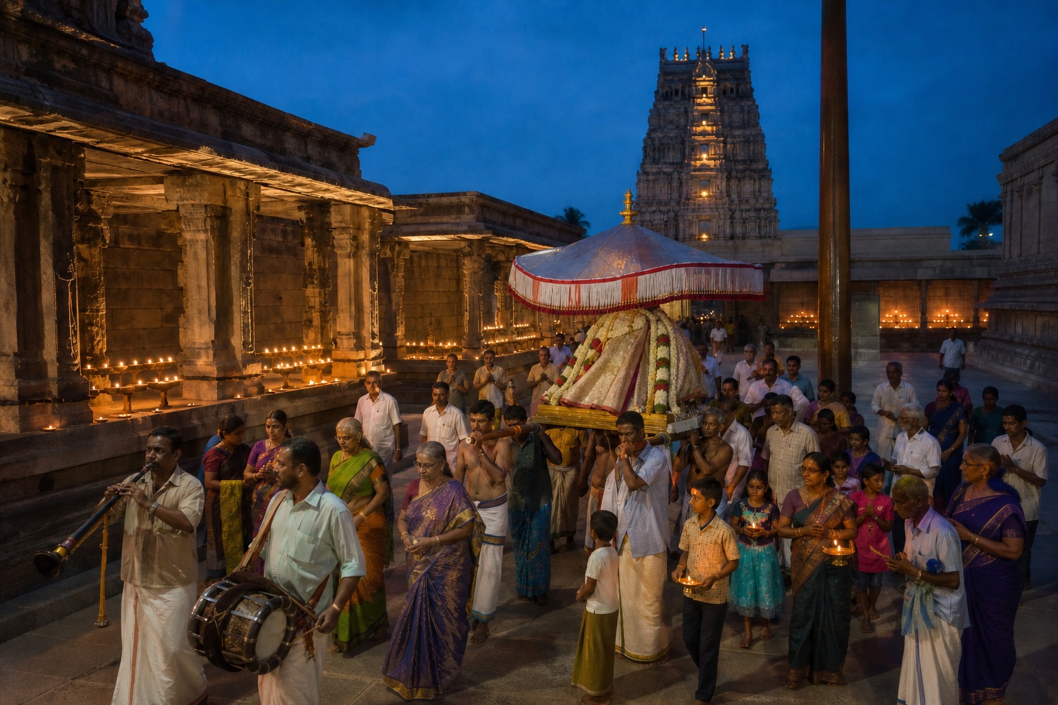 A temple community gathers with musicians, lamps, and a flower-decorated processional palanquin in a South Indian Shiva temple courtyard at dusk.