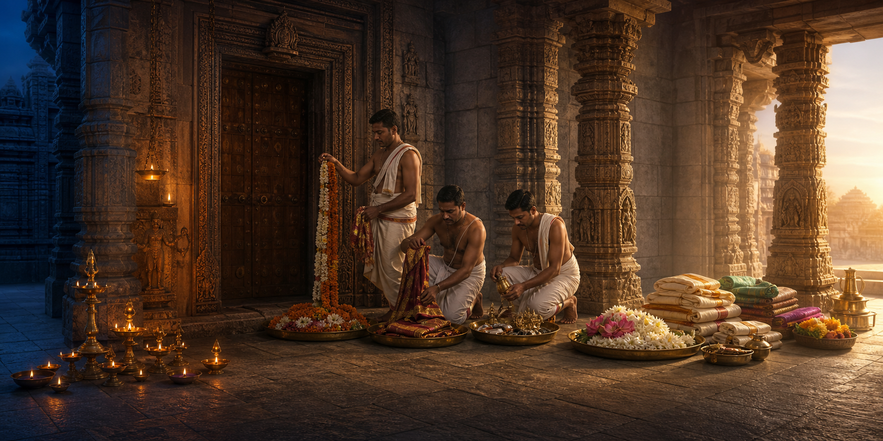 A continuous temple scene moves from pre-dawn lamps through the removal of garlands and cloth to fresh items prepared for the next service.