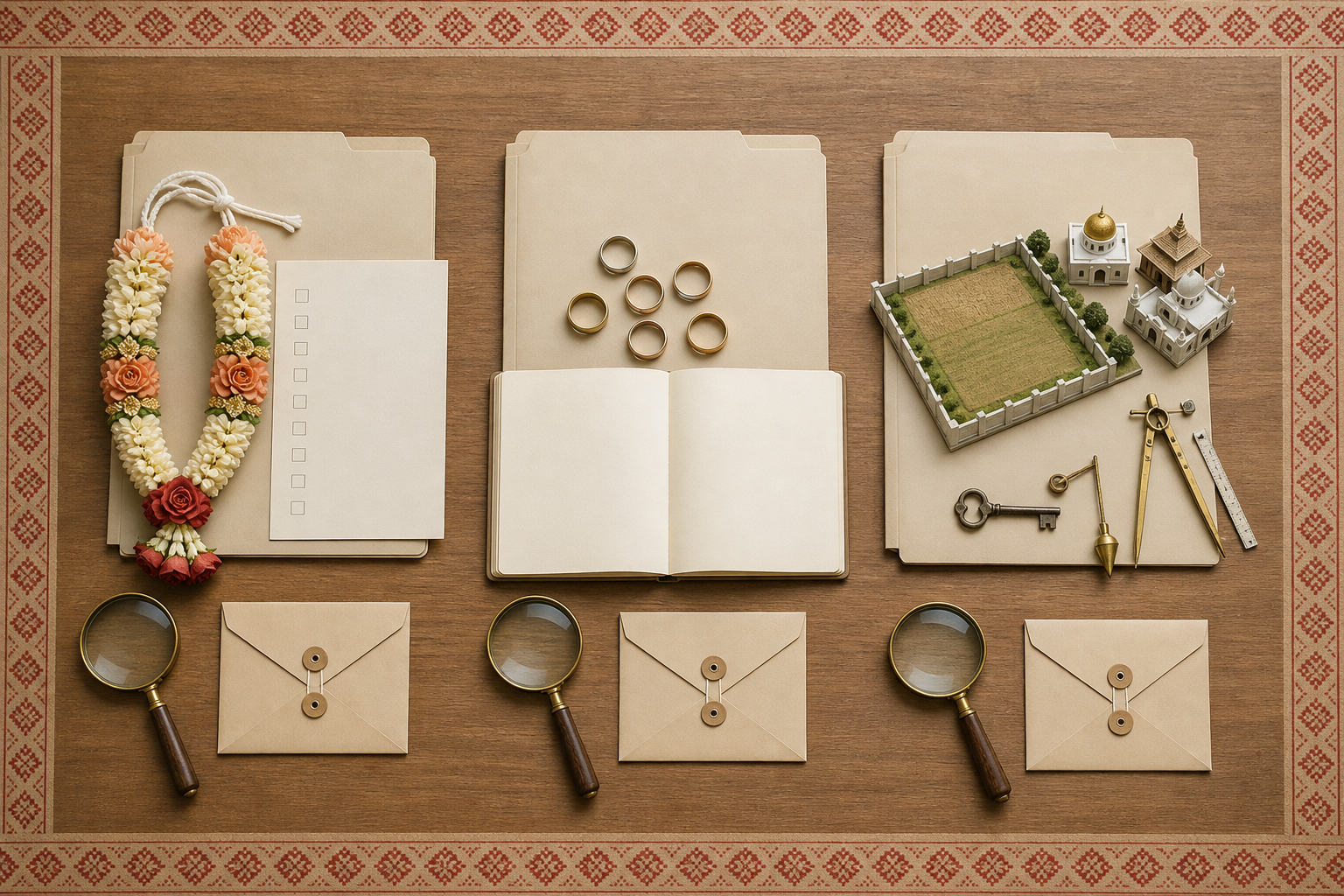 Three separate case folders are arranged with marriage garlands, multiple rings, and land-survey objects to represent distinct evidence records.
