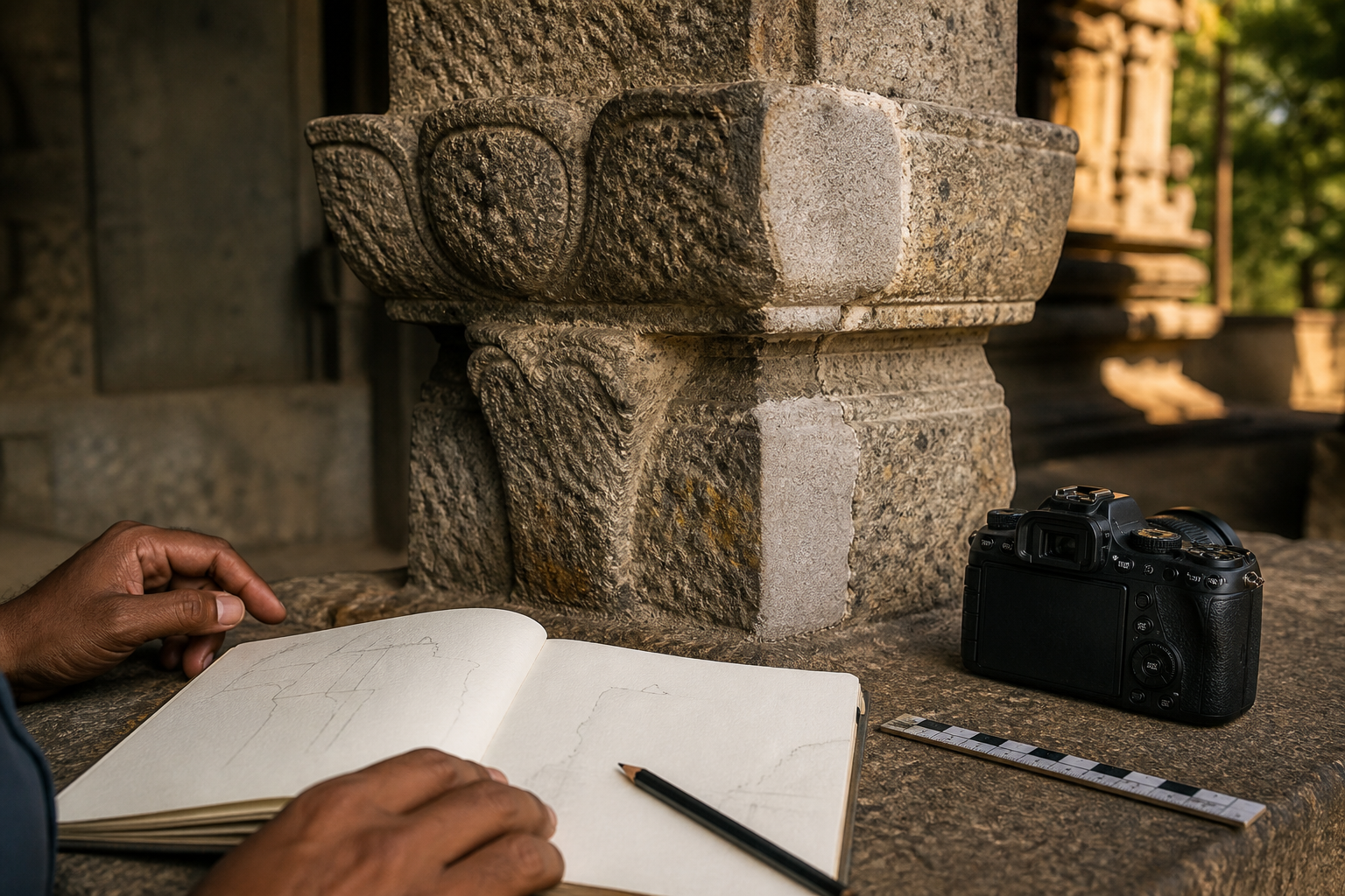 An observer uses a sketchbook and camera beside a weathered carved granite pillar with visible surface wear and a later repair.