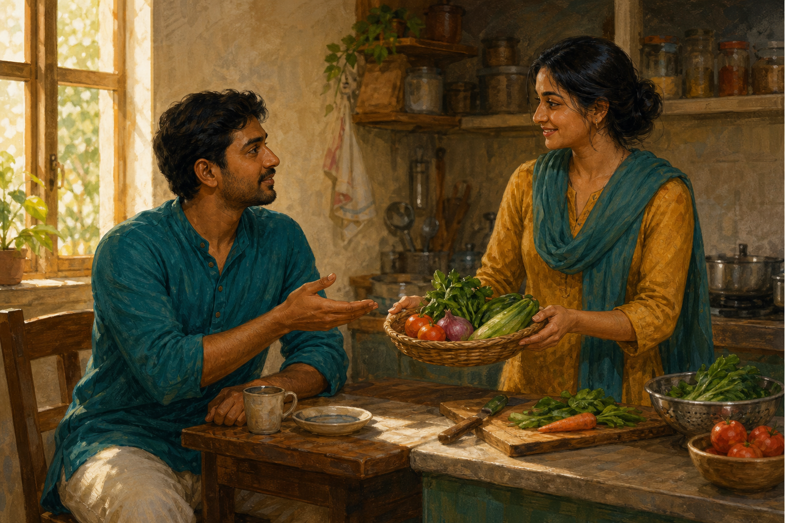 Two friends sit together in a kitchen as one gestures toward a vegetable basket and the other begins helping with the food preparation.