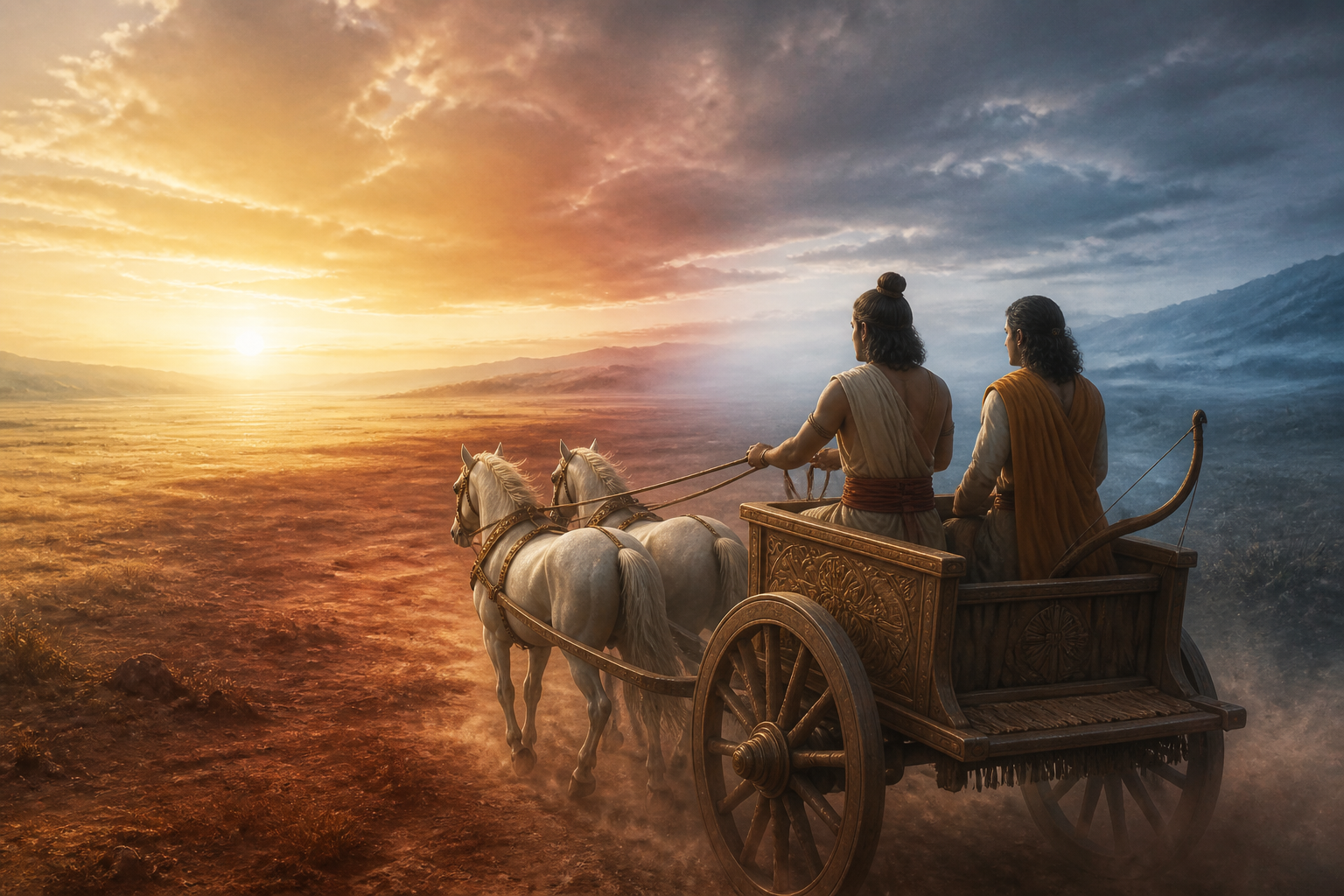 Two figures ride an ancient chariot across a plain beneath clear, windblown, and misty bands of sky at dawn.
