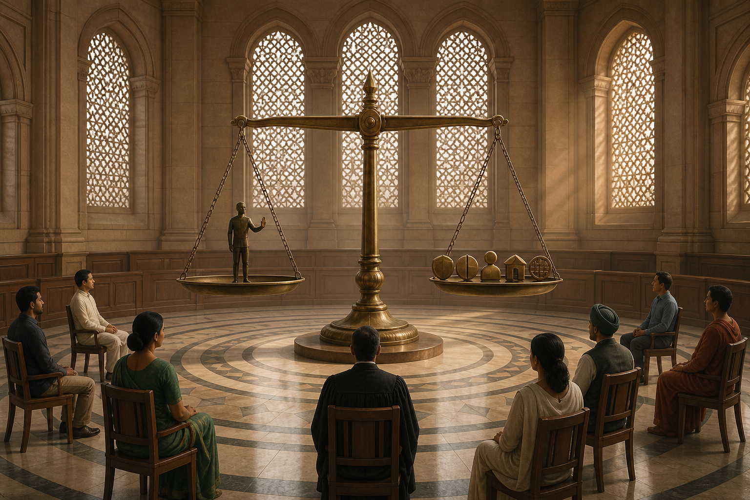 A brass balance scale in a courtroom is surrounded by citizens and symbolic objects representing liberty, protection, equality and due process.
