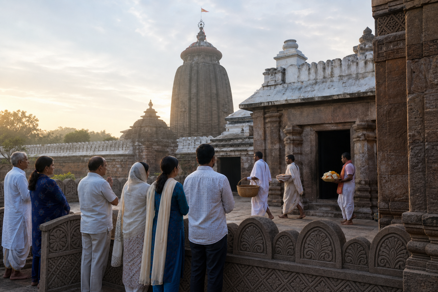 Visitors observe from an outer temple courtyard as attendants carry removed garlands and folded cloth while fresh flowers approach the inner area.