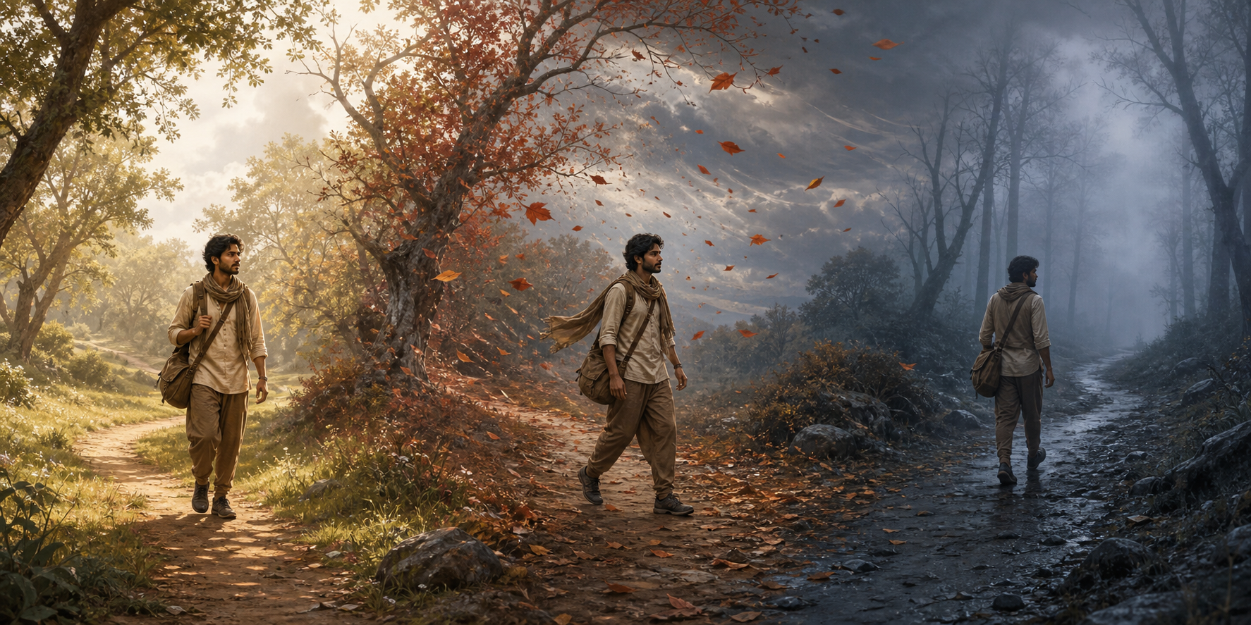 The same traveler walks along one path through a bright grove, a windy crossroads, and a dark misty woodland.