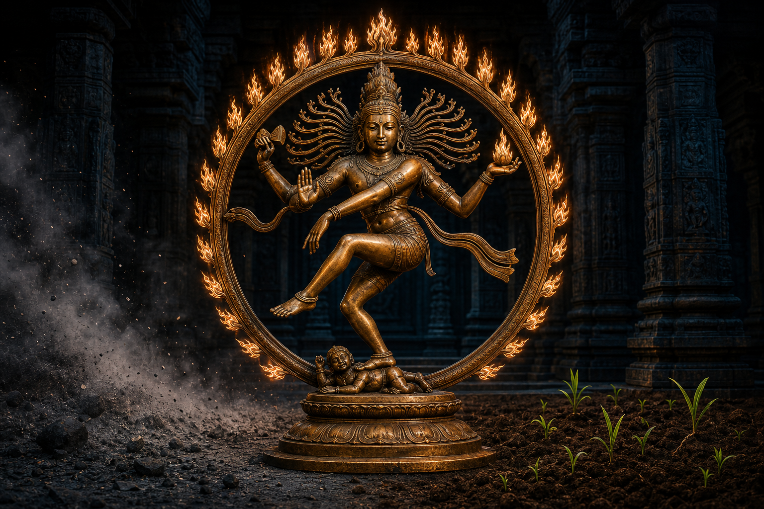 Bronze Nataraja sculpture dancing within a ring of fire as drifting ash gives way to small green shoots in a dark temple hall.