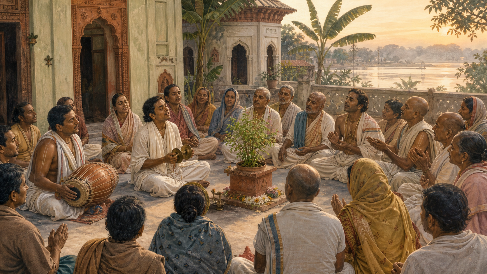 An imagined historical scene of Vasudeva Ghosh seated among devotees and leading kirtana with hand cymbals in a Bengali temple courtyard.