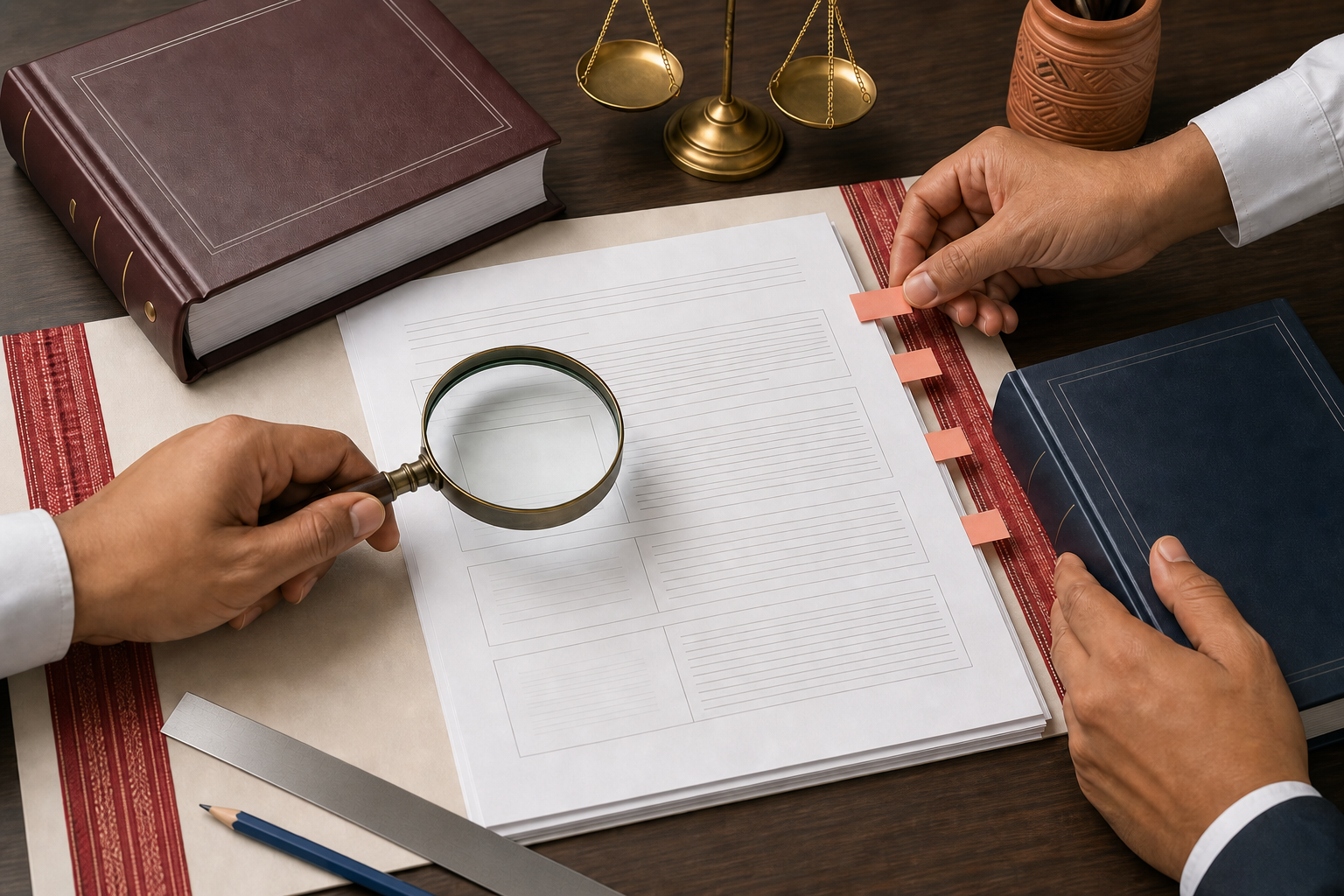 Legal researchers examine a draft bill with a magnifying lens and compare it with an unmarked constitution volume and court binder.