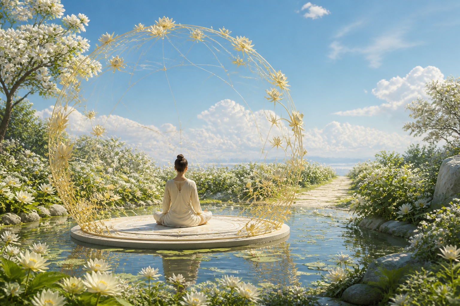 A meditator sits among white flowers inside a delicate circular enclosure of golden vines, with an open path and sky beyond.