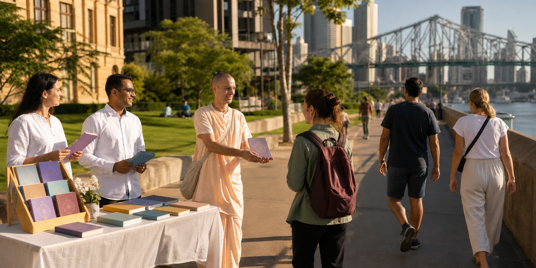 Volunteers offer spiritual books to pedestrians in a sunny Brisbane riverside setting with a steel bridge in the distance.