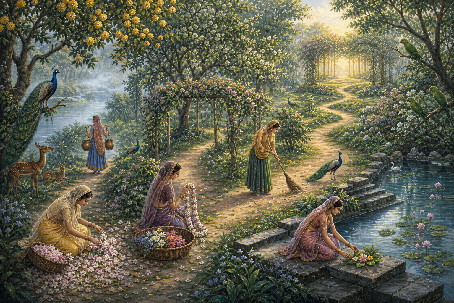 Women in traditional Vraja dress gather flowers, make garlands, carry water, and sweep paths in a lush forest beside a pond.
